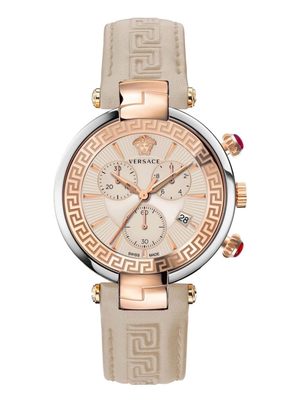 Versace Rose Gold and Beige Chronograph Leather Strap Watch